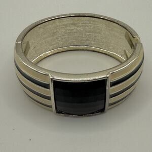 Vintage Black Cream Enamel Hinge Bracelet Cuff Striped Silver Tone 6.75”
